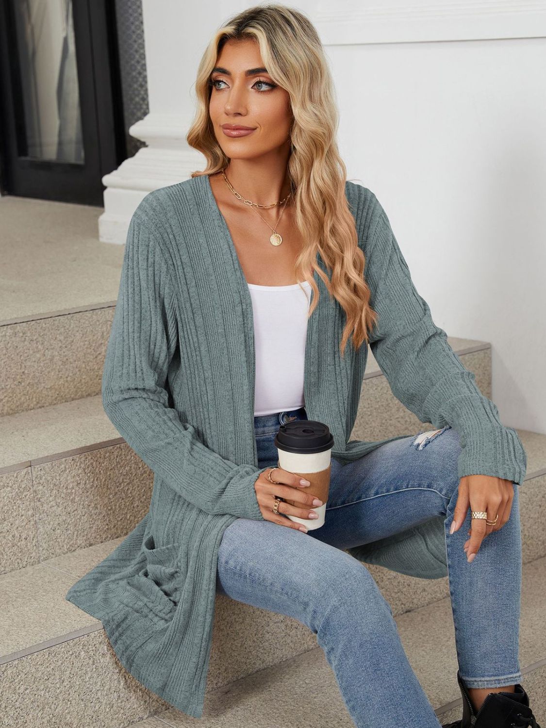 Pocketed Open Front Long Sleeve Cardigan